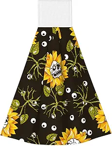 Sunflower Skull Eyes Hanging Hand Towel for Bathroom, Sugar Skull Flower Kitchen Towels with Hanging Loop Absorbent Washcloth Tie Towels Dish Cloth - sugar skull beach towel