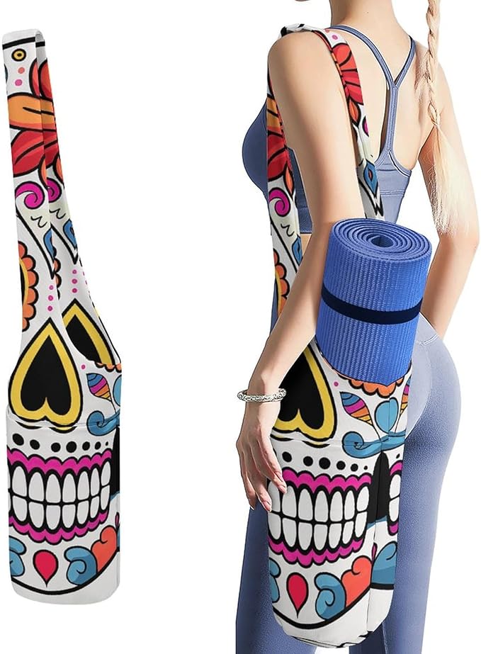 Canvas Yoga Mat Bag Sugar Skull Printed Yoga Mat Storage Bag with Strap Large Capacity Gym Bag for Men Women Pilates Beach Travel - sugar skull yoga mat
