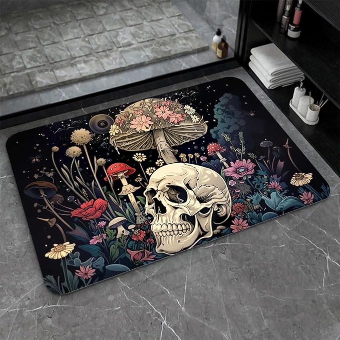 Bath Mat-Bathroom Rug，A Skull and Mushroom-Absorbent Non Slip Quick Dry Stain Resistant Easy to Clean Care Shower Rug for Bathtub Shower Room 17×27.5Inch (43 * 70cm) - sugar skull toilet mat set