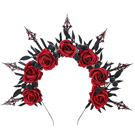 Black Red Rose Headband - Zip Tie Cross Spiked Halo Crown Renfaire Fantasy Floral Headpiece Sunburst Evil Gothic Headband for Women Renaissance Cosplay Costume Halloween Party - sugar skull flower crown