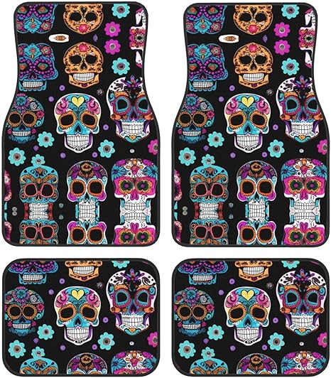 Sugar Skull Print Carpet Floor Mats for Car,Auto Accessories Front and Rear Car Floor Foot Mat Sets of 4 Pieces - sugar skull car floor mats