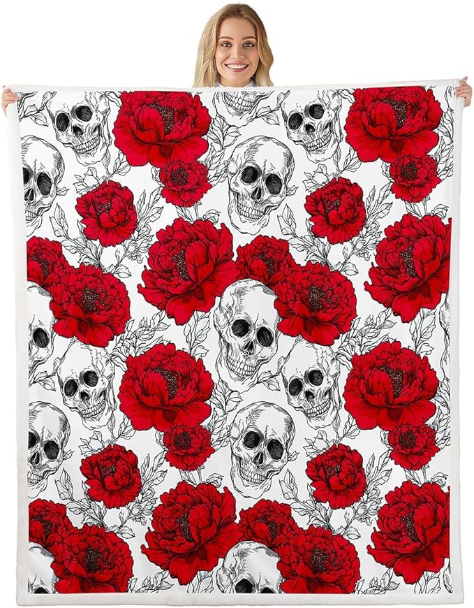Feelyou Sugar Skull Fleece Throw Blanket 40"x50" Kids Gothic Skull Rose Plush Sherpa Blanket Fuzzy for Boys Girls Teens Boho Skeleton Floral Print for Bed Couch Chair Bones Red - sugar skull throw blanket