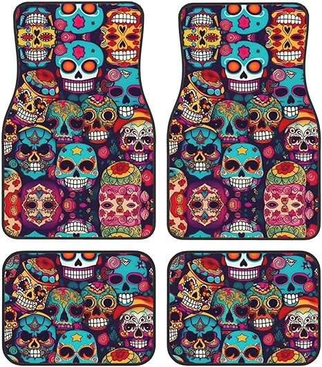 Sugar Skulls Print Carpet Floor Mats for Car,Auto Accessories Front and Rear Car Floor Foot Mat Sets of 4 Pieces - sugar skull car floor mats