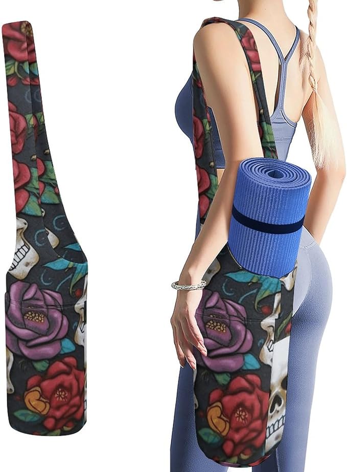 Portable Yoga Mat Bag Sugar Skull Flowers Printed Gym Bag with Strap Yoga Mat Storage Bag Gym Tote Sports Bag for Pilates Travel Men Women - sugar skull yoga mat