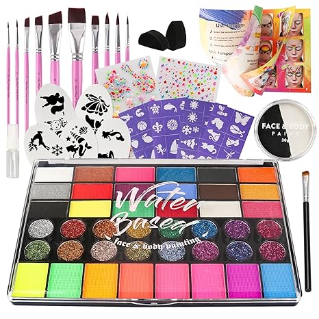 42 Color Face Painting Kit for Kids + 30g Black & White Face Paint - Non Toxic Water Activated Face paint palette with Brushes, Stencils, Gems - For Halloween Makeup, Carnival, Parties & Cosplay - sugar skull makeup kit