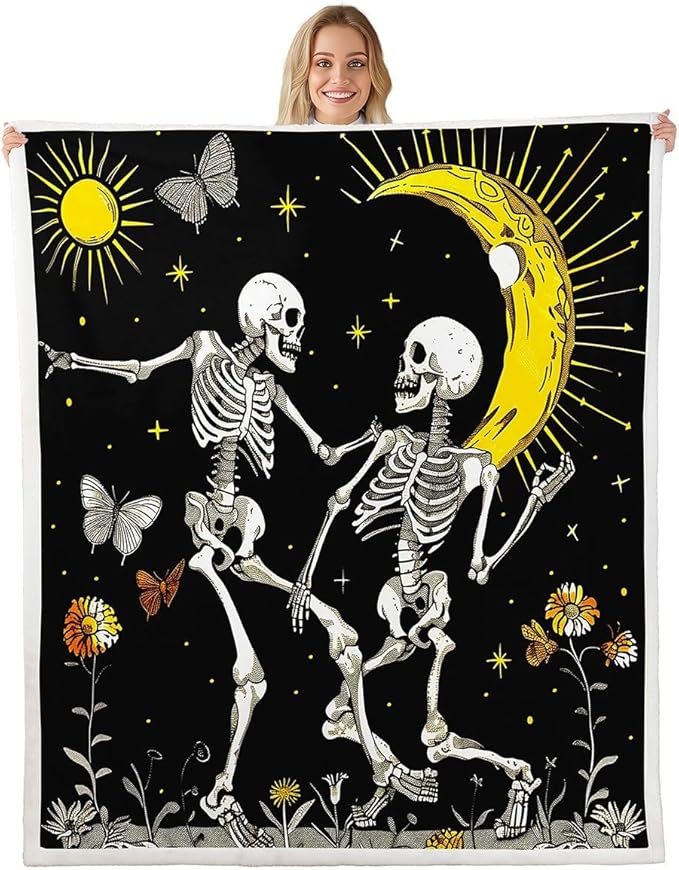 Erosebridal Sugar Skull Blanket Gothic Style Throw Blanket Sun and Moon Print Fleece Blanket Halloween Themed Fuzzy Blanket Farm Butterfly Skeleton Decor Sherpa Blanket for Adult Women Teen 30"x40" - sugar skull throw blanket