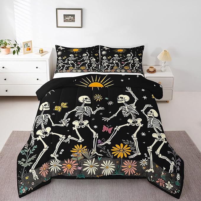 Erosebridal Sugar Skull Bedding Sets Halloween Themed Twin Comforter Set for Adult Women Teen Gothic Style Bedding Comforter Sets Sun and Moon Print Down Comforter Western Farm Floral Duvet Set - sugar skull bedding set