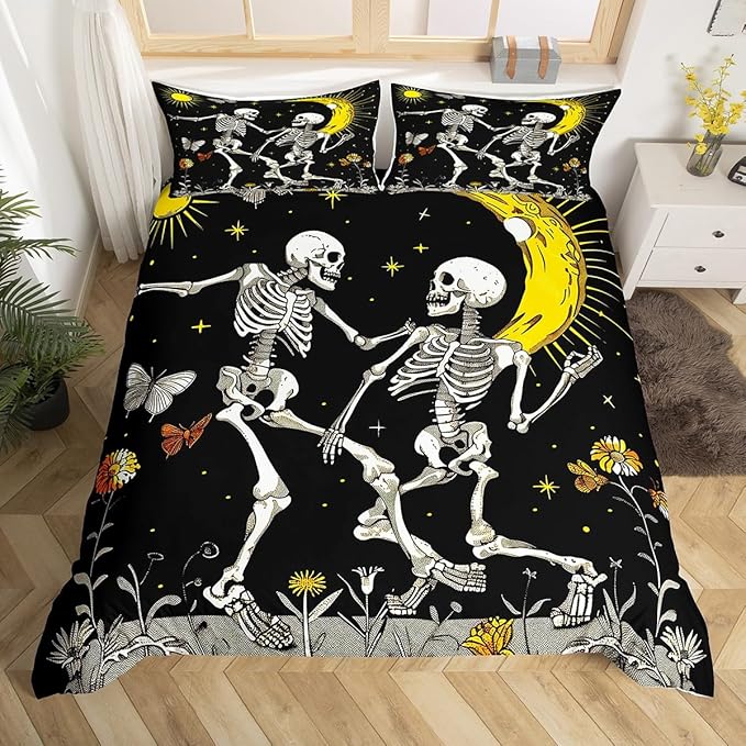 Erosebridal Sugar Skull Bedding Sets King Size Gothic Style Duvet Cover Sun and Moon Print Comforter Cover Halloween Themed Bedspread Cover Farm Butterfly Skeleton Decor Bedding for Adult Women Teen - sugar skull bedding set