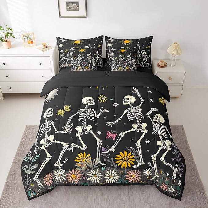 Erosebridal 7 Piece Sugar Skull Bedding Sets Halloween Themed Full Bed in a Bag for Adult Women Teen Gothic Style Comforter Set with Sheets Sun and Moon Print Bed Set Western Farm Floral Sheets - sugar skull bedding set