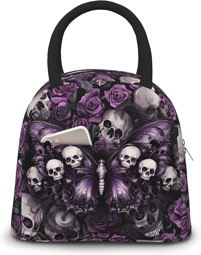Skull Insulated Lunch Bag for Woman Gthic Sugar Skull Purple Rose Lunch Box Tote Bag Reusable Insulated Cooler Container Leakproof Lunch Bag for Work Picnic Camping - sugar skull handbags for sale
