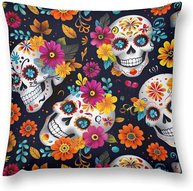 Mexican Sugar Skulls Decorative Throw Pillow Covers 18x18 Inch Farmhouse Cushion Cover Plush Pillow Case for Couch Sofa Bed Outdoor Home Decor - sugar skull throw pillow