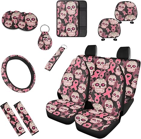 Pink Ribbon Sugar Skull Car Seat Cover Set of 13, Breast Cancer Awareness Stretchy Steering Wheel Cover, Skulls Ribbons Seat Belt Cover Cup Holder Pad, Easy to Clean - sugar skull car seat covers set