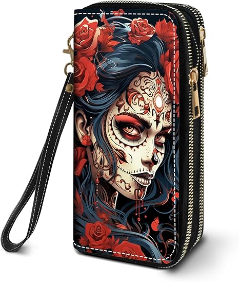 Women's Large Capacity Wallet PU Leather Double Zipper Clutch Purse Multifunctional Wallet with Removable Wristlet Strap for Smart Phone/Coin/Card/Cash, Sugar Skull Girl Roses - sugar skull wallets for women