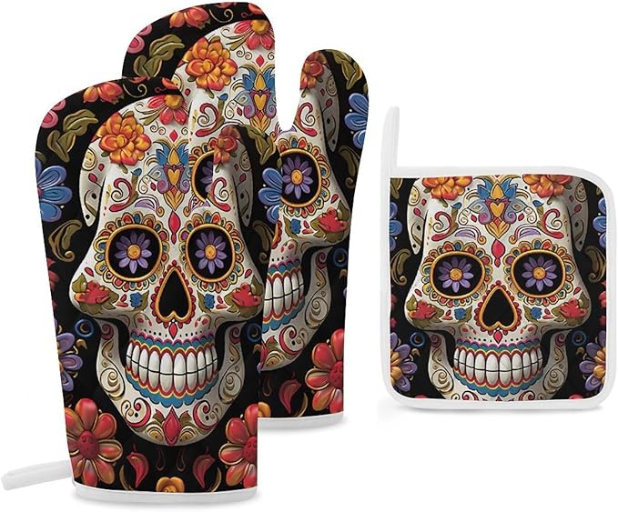 Sugar Skulls Oven Mitts and Pot Holders Sets Heat Resistant Microwave Oven Gloves Cotton Lining with Non-Slip Hot Pads for Kitchen Cooking Baking Grilling - sugar skull oven mitts