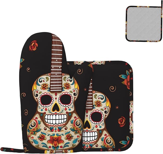 2 pcs Oven Mitts and Pot Holders Set Guitar Pepper Sugar Skull Oven Mitt Heat Resistant Oven Gloves for Cooking Non-Slip Hot Pads Washable Cooking Gloves for Baking BBQ Microwave - sugar skull oven mitts