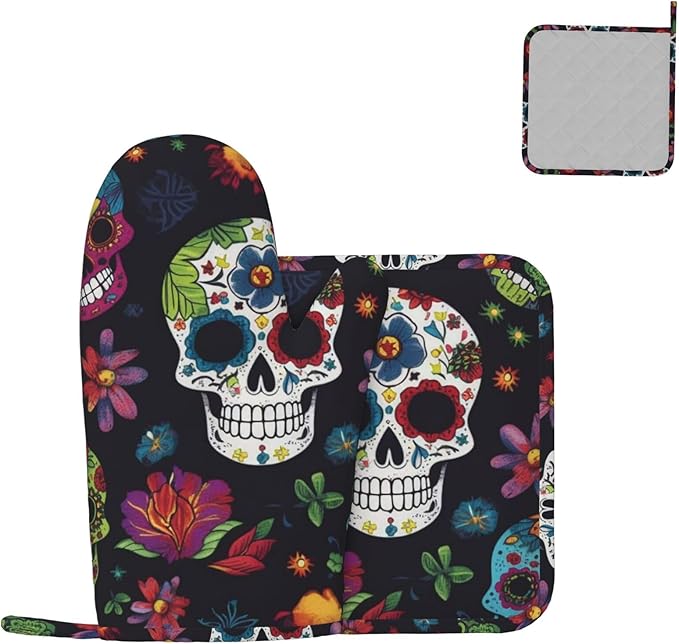 2 pcs Oven Mitts and Pot Holders Set Flower Cactus Sugar Skull Oven Mitt Heat Resistant Oven Gloves for Cooking Non-Slip Hot Pads Washable Cooking Gloves for Baking BBQ Microwave - sugar skull oven mitts