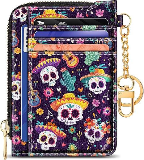 Slim Wallet Credit Card Holder Women, Sugar Skull Rfid Blocking Small Card Case, Keychain Thin Pocket Curved Zipper Wallet, Travel Card Holder PU Leather ID Window, Ladies Female Gifts - sugar skull handbags for sale