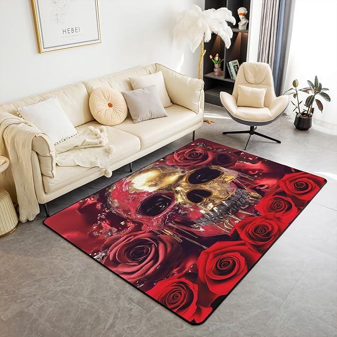 Erosebridal Sugar Skull Carpet Bedroom Decor for Kids Boys Girls,Red Rose Area Rug 6'6" x 4'11",Gothic Love Living Room Rug,Valentine Day Indoor Floor Mat Non Slip - sugar skull area rug
