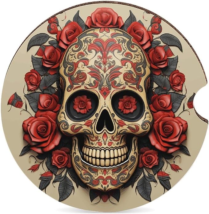 Car Cup Coaster 1PCS Car Cup Holder Coaster Red Rose Sugar Skull Car Coaster Non-Slip Cup Holder Coasters with A Finger Notch Interior Decoration Shockproof Drink Mat for Most Vehicle - sugar skull car floor mats