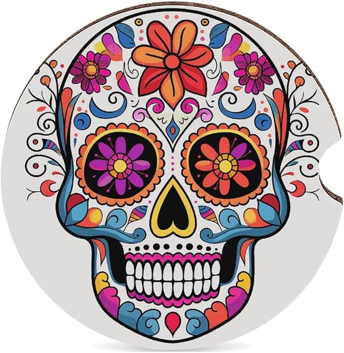 Car Cup Coaster 1PCS Car Cup Holder Coaster Sugar Skull Car Coaster Non-Slip Cup Holder Coasters with A Finger Notch Interior Decoration Shockproof Drink Mat for Most Vehicle - sugar skull car floor mats