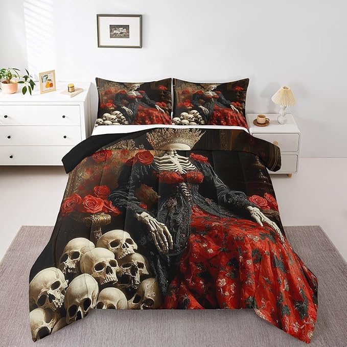 Erosebridal Sugar Skull Bedding Set for Woman Couple Lover Comforter Set Full Rose Flowers Printed Down Comforter for Men Adults Bedroom Romantic Love Themed Quilt Set - sugar skull bedding set