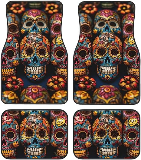 Car Floor Mats 4 Piece Universal Crystal Velvet Car Mat Set Colorful Sugar Skulls Car Floor Mats Non-Slip Floor Mats for Car Car Liner Decor Accessories Car Foot Pad for Most Vehicles - sugar skull car floor mats