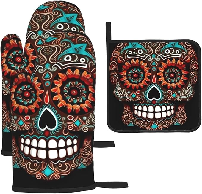 Sugar Skulls Day of The Dead Oven Mitts and Pot Holders Sets of 3 Heat Resistant Oven Gloves Hot Pad Non-Slip Long Oven Mitts Potholders Extra Thicken Kitchen Mittens for Cooking Baking - sugar skull oven mitts