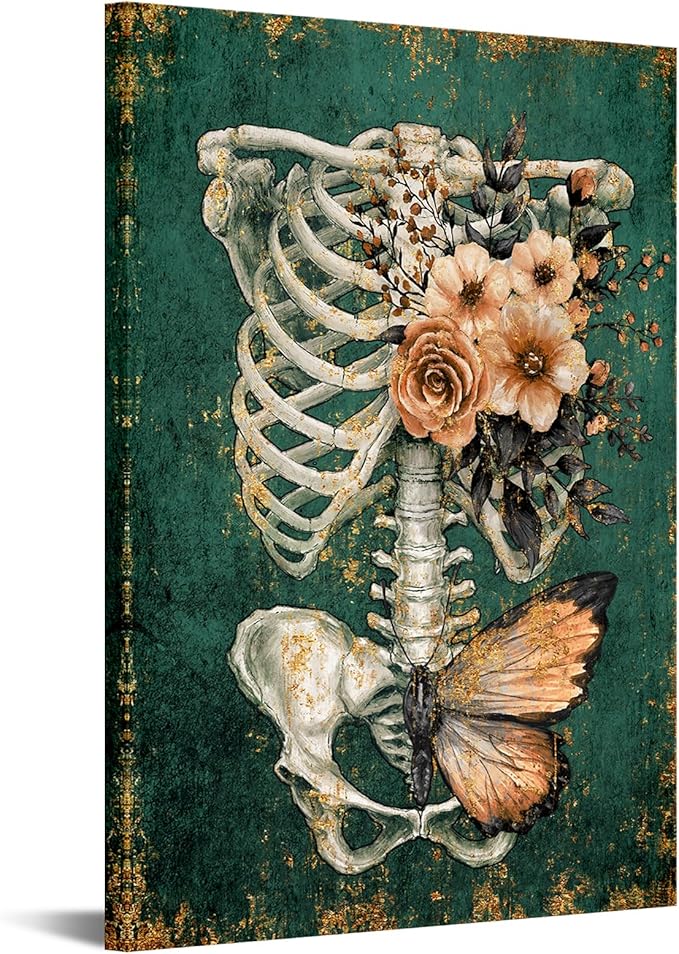 iKNOW FOTO Vintage Human Skull Canvas Wall Art, Floral Butterfly Skeleton Anatomy Poster, 16x24'' Stretched Canvas Print, Medical Lab and Clinic Decor, Ready to Hang Vertical Painting for Hospital - sugar skull canvas wall art