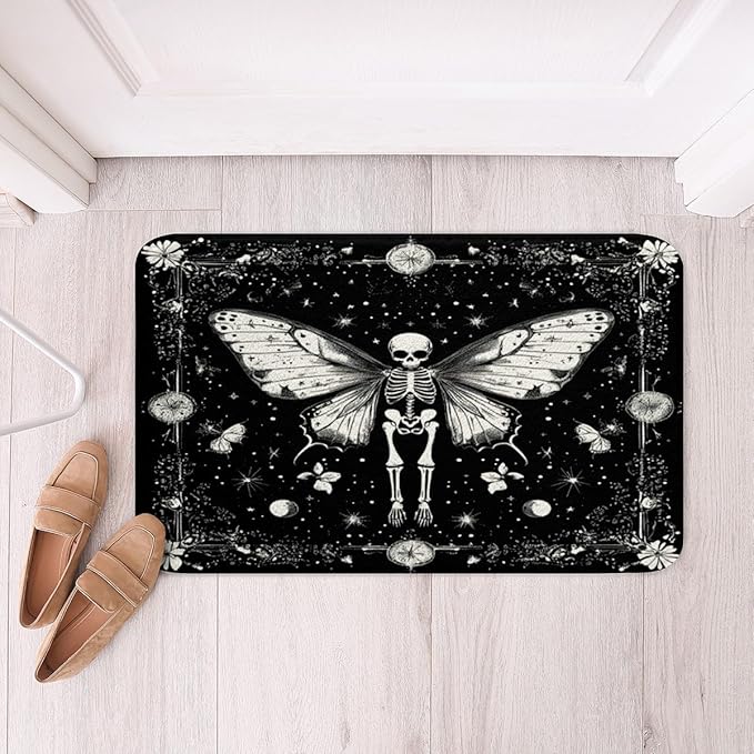 Feelyou Boys Girls Death Moth Bath Mats for Bathroom Sugar Skull Bathroom Rugs Kids Boho Moth Bath Rugs for Shower Tub Gothic Skeleton Teens Bathroom Accossories Bedroom Decor 16"x24" - sugar skull toilet mat set