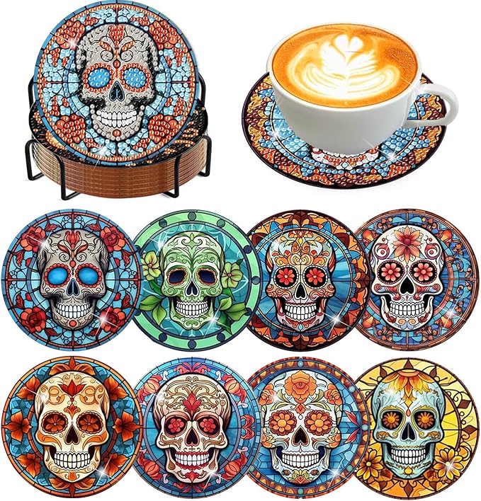 Meothan 8 Pcs Diamond Art Coasters Kits for Adults with Holder Cork Pads, Skull Diamond Dots Art Painting Coasters Crafts Kit for Home Office Decor (Stained Glass Style) - sugar skull coasters set