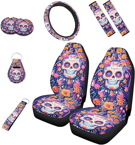 Sugar Skull Flower Car Seat Cover 9 Pack, Forest Ditsy Flowers Skulls Car Seat Cover Front Seats Only, Mexican Day of Dead Universal Car Seatbelt Steer Wheel Cover - sugar skull car seat covers set