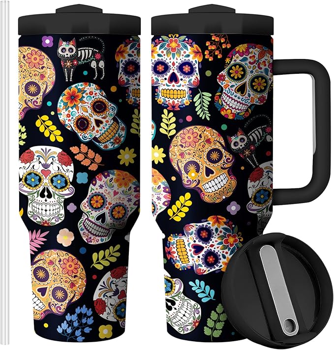 Graphic Sugar Skull 40 OZ Tumbler With Handle and Straw,Stainless Steel Double Walled Vacuum Insulated Cup,Birthday Tumbler Gift for Women Men,Halloween (Pack of 1) - sugar skull throw blanket