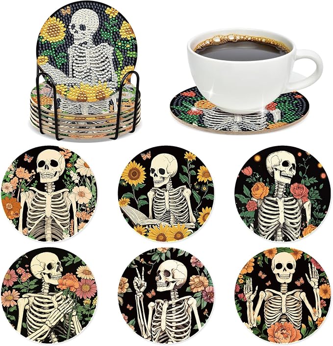 INCOK Skull Diamond Art Coasters - 6 PCS DIY Sunflower Diamond Painting Coasters Kits Home Table Decor Art Craft Supplies Birthday The Day of Dead Gift for Adults Beginners Skull Lovers Mexicans - sugar skull coasters set