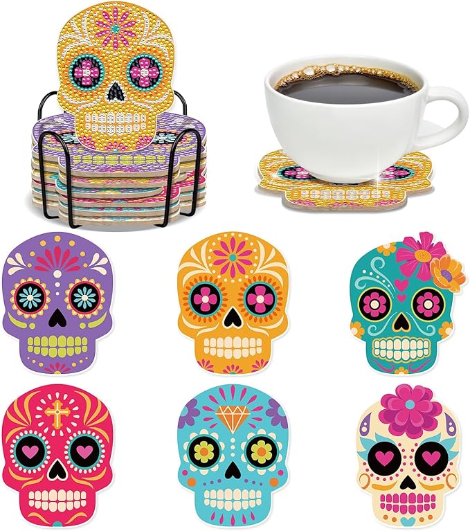 INCOK Sugar Skull Diamond Art Coasters - 6 PCS DIY Colorful Diamond Painting Coasters Kits Home Table Decor Art Craft Supplies The Day of Dead Día De Los Muertos Gift for Skull Lovers Mexicans - sugar skull christmas ornament