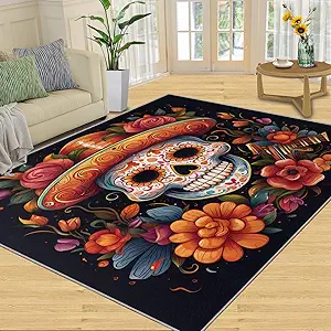 Sugar Skull Area Rugs 5x7, Colorful Flowers Rugs for Bedroom, Day of The Dead Living Room Carpet, Mexican Skeleton Decor Mats Protect Floor for Office Hardwood Floors - sugar skull area rug