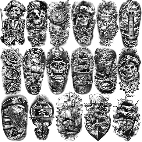 77 Sheets Temporary Tattoo, 17 Sheets Half Arm Pirate Captain Skull Compass Fake Tattoos for Women Men, 60 Sheets Pirate Anchor Sword Flag Realistic Tiny for Adult Kids Body Tattoos Stickers - sugar skull temporary tattoo