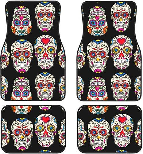 Sugar Skulls for Car Floor Mats Set of 4 Universal Fit Automotive All Weather Mats for SUV, Sedan, Van Car Accessories - sugar skull car floor mats