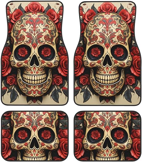 Car Floor Mats 4 Piece Universal Crystal Velvet Car Mat Set Red Rose Sugar Skull Car Floor Mats Non-Slip Floor Mats for Car Car Liner Decor Accessories Car Foot Pad for Most Vehicles - sugar skull car floor mats