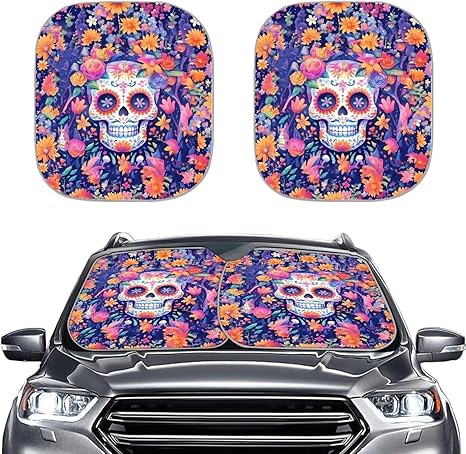 Sugar Skull Flower Car Sun Shade Windshield Universal Fit 2 Pack, Ditsy Flowers Skulls Car Front Window Sunshade, Mexican Day of Dead Car Reflective Sun Shade Cover - sugar skull car sunshade for windshield