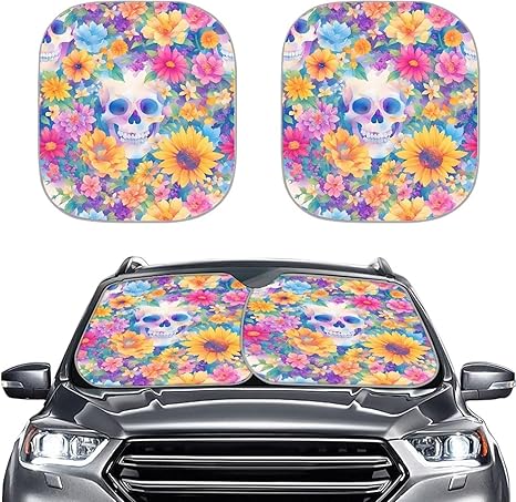 2 Set Sugar Skull Sunflower Auto Windshield Sunshade, Ditsy Flowers Skulls Front Windshield Shade for Sun Heat UV Rays, Mexican Day of Dead Universal Car Accessories - sugar skull car sunshade for windshield