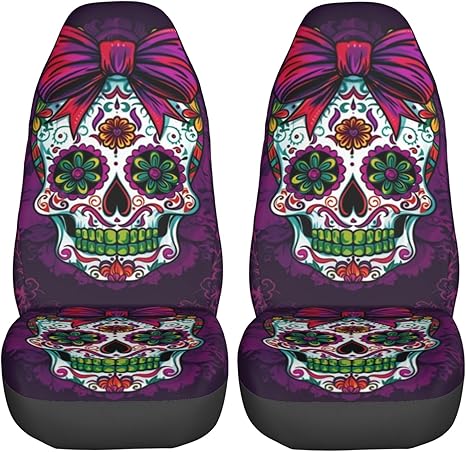 Foruidea Sugar Skull Car Seat Covers Universal 2 Pcs Auto Front Seat Cover Fit Most Cars,SUV,Sedan,Trucks - sugar skull car seat covers set