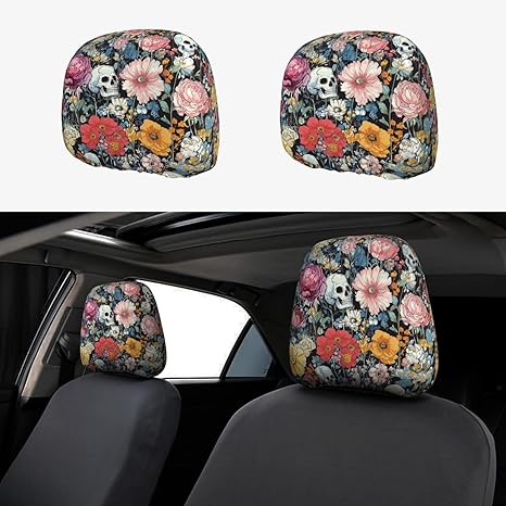 2 Pack Skull with Floral Car Seat Headrest Cover, Cute Skull Car Headrest Protector Seat Cover Elastic, Auto Interior Decor Front & Rear Seat Headrest Pads for Truck SUV, Universal Fit - sugar skull car pet seat cover