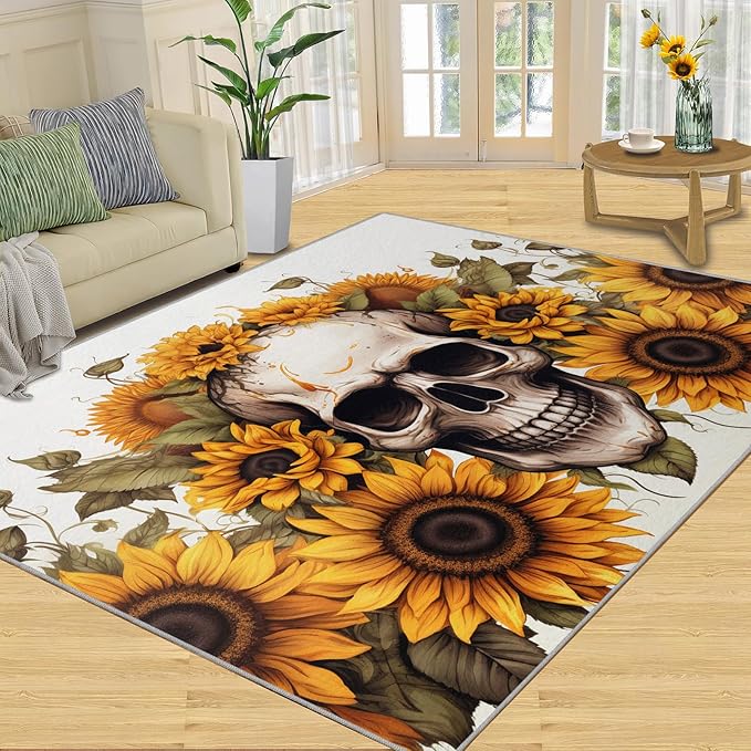 Sugar Skull Rug Runners for Hallways, Gothic Style Non Slip 2x6 Washable Rug, Sunflowers Bones Area Rug, Farmhouse Decor Indoor Carpet Runner for Kitchen Room - sugar skull area rug