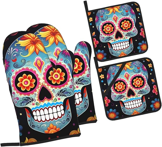 Oven Mitts and Pot Holders Sets, Heat Resistant Non-Slip Kitchen Glove and Potholders, Sugar Skulls Oven Mitts, BBQ Gloves, 4Pcs Oven Gloves and Hot Pads for Kitchen Baking Cooking - sugar skull oven mitts