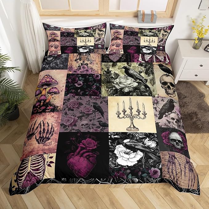 Gothic Crow Duvet Cover Set King Size,Sugar Skull Bedding Set for Kids Girls Boys Teens Room Decor,Purple Rose Flower Mushroom Comforter Cover Vintage Black Patchwork Plaid Quilt Cover 3Pcs - sugar skull bedding set
