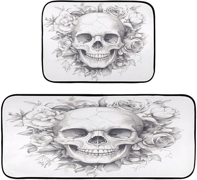Kitchen Mats Set of 2 Cushioned Comfort Non-Slip Absorbent Washable Kitchen Rugs, Sugar Skull Floor Mats for Home - sugar skull floor mat