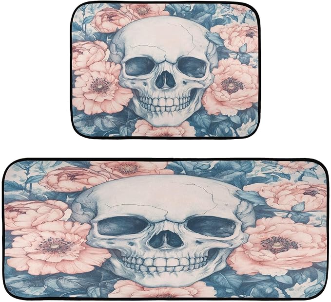 Kitchen Mats Set of 2 Cushioned Comfort Non-Slip Absorbent Washable Kitchen Rugs, Sugar Skull Floor Mats for Home - sugar skull floor mat
