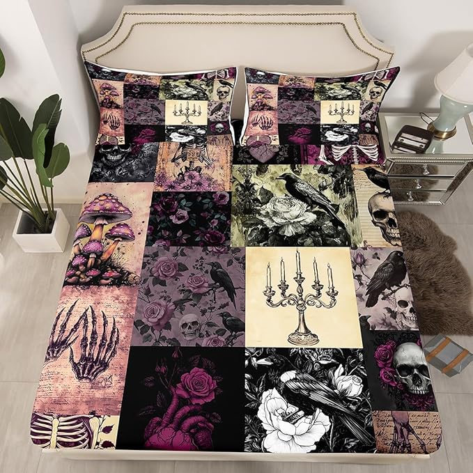 Gothic Crow Fitted Sheet Full Size,Sugar Skull Bedding Set for Kids Girls Boys Teens Room Decor,Purple Rose Flower Mushroom Bed Sheet Vintage Black Patchwork Plaid Deep Pocket Sheet 3Pcs - sugar skull bedding set