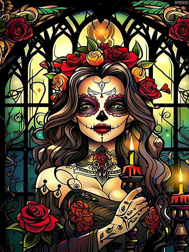 IPISSOI 5D Diamond Painting Kits for Adults The Sugar Skull Woman and The Candles Diamond Art Kits DIY Full Round Drill Candle with Diamonds Gem Art Help Relieve Stress 12x16 inch - sugar skull candle holder