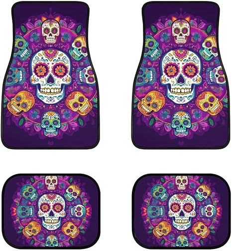 Delerain Mandala Sugar Skulls 4-Piece Car Floor Mats Front and Rear Rubber Backing Carpet, Auto Foot Mats All Weather Universal Fit Car Decor Accessories Fit for SUV, Vans, Sedans, Trucks - sugar skull car floor mats